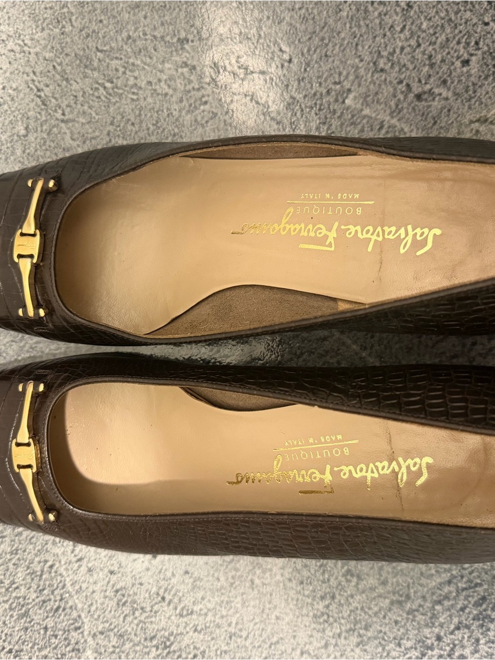 Salvatore Ferragamo Brown Croc-Embossed Leather Flats with Gold Bit